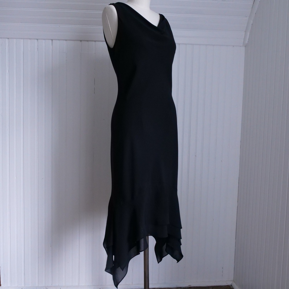 90s/y2k S.L. Fashions black bias cut handkerchief hem midi dress
